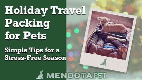 Dog sitting in a suitcase for the Mendota Pet blogpost “Holiday Travel Packing for Pets,” offering tips for stress-free holiday travel with pets.